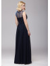 Sheer Neck Navy Blue Chiffon Affordable Bridesmaid Dress